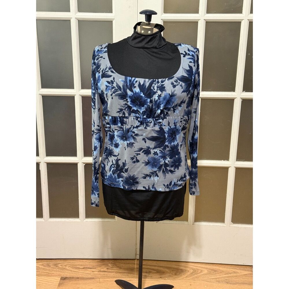 Axcess Y2K Vintage Blue Floral Mesh Top Empire Waist Babydoll Long Sleeve L
